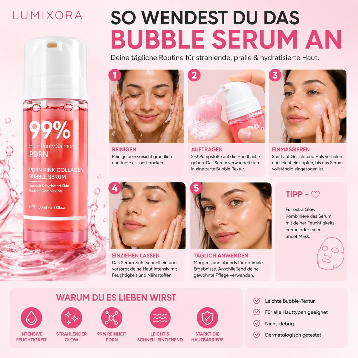 Lumixoras Pink Collagen Bubble Serum mit 99% Reinheit