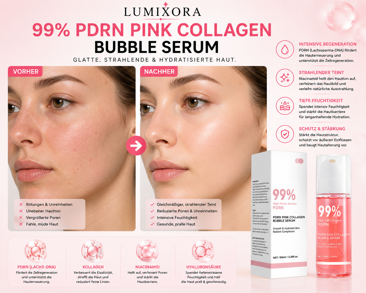 Lumixoras Pink Collagen Bubble Serum mit 99% Reinheit